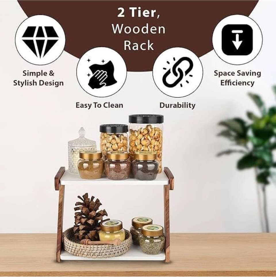 2-Tier Wooden Folding Storage Rack – Multipurpose Kitchen, Bathroom & Home Organizer