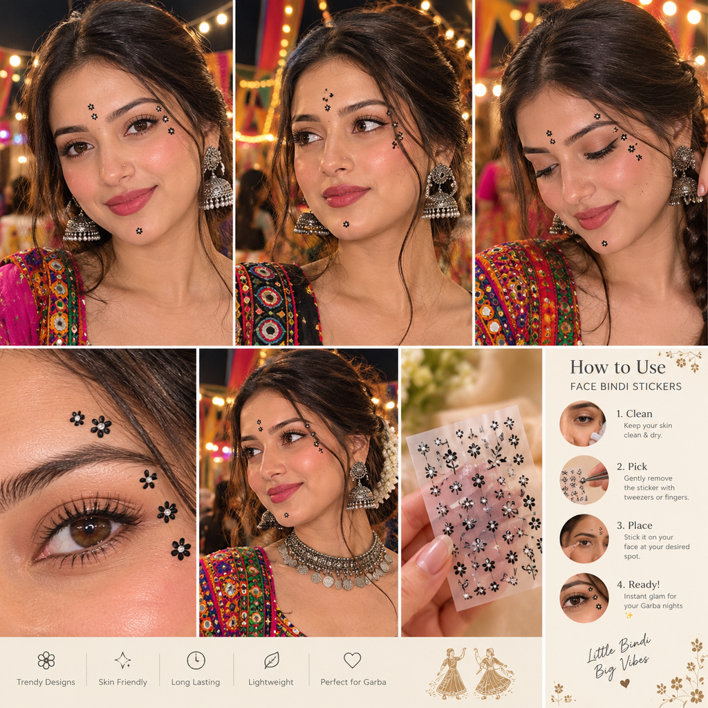 Black Floral Face Bindi Stickers – 20 Sheets | Garba, Navratri & Festive Looks