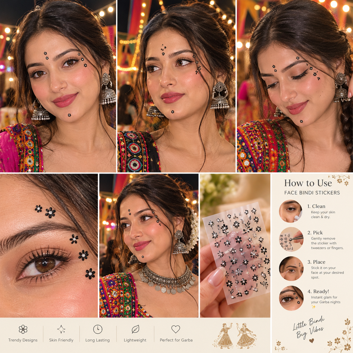Black Floral Face Bindi Stickers – 20 Sheets | Garba, Navratri & Festive Looks