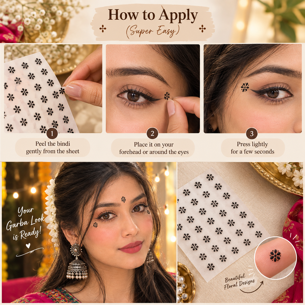 Black Floral Face Bindi Stickers – 20 Sheets | Garba, Navratri & Festive Looks
