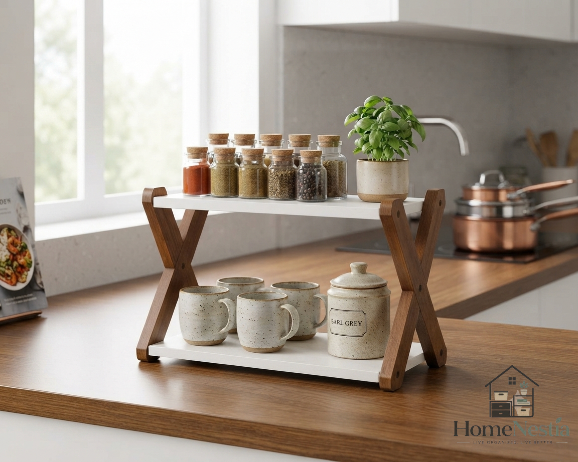 2-Tier Wooden Folding Storage Rack – Multipurpose Kitchen, Bathroom & Home Organizer