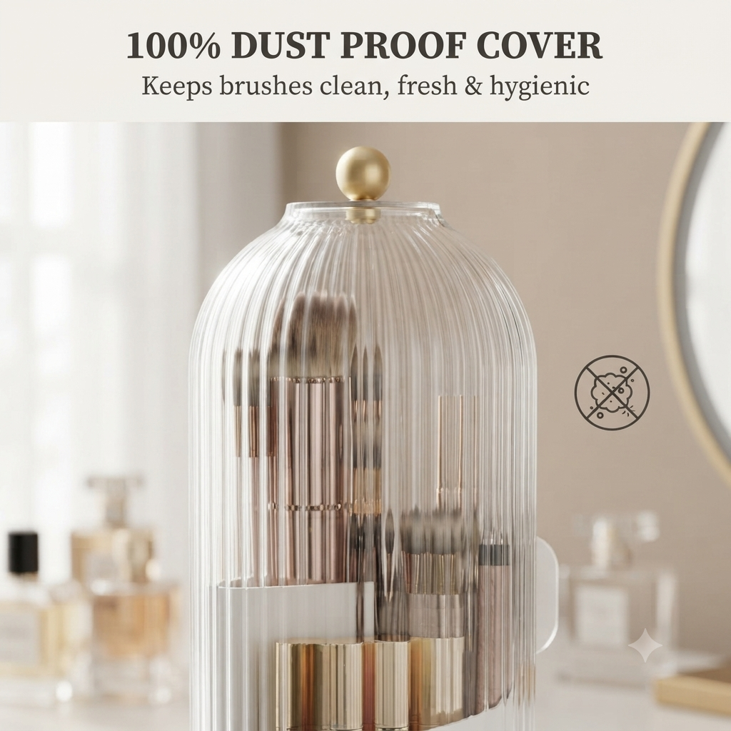 360° Rotating Makeup Brush Organizer with Sliding Door Dust Cover – Clear Ribbed Acrylic