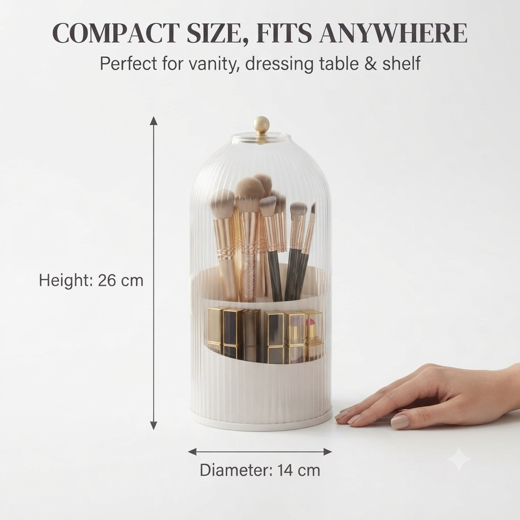 360° Rotating Makeup Brush Organizer with Sliding Door Dust Cover – Clear Ribbed Acrylic