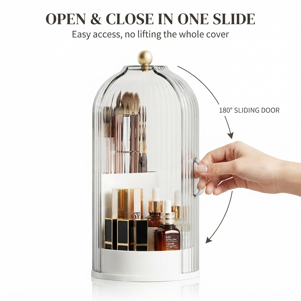360° Rotating Makeup Brush Organizer with Sliding Door Dust Cover – Clear Ribbed Acrylic