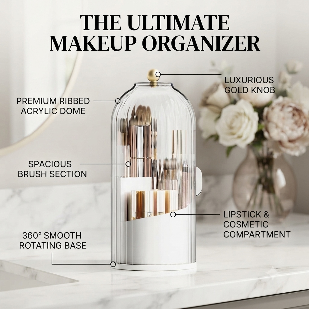 360° Rotating Makeup Brush Organizer with Sliding Door Dust Cover – Clear Ribbed Acrylic