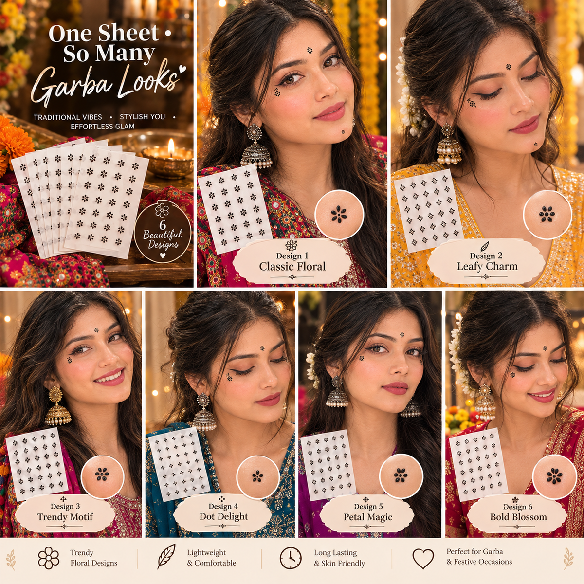 Black Floral Face Bindi Stickers – 20 Sheets | Garba, Navratri & Festive Looks