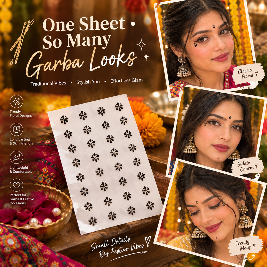 Black Floral Face Bindi Stickers – 20 Sheets | Garba, Navratri & Festive Looks