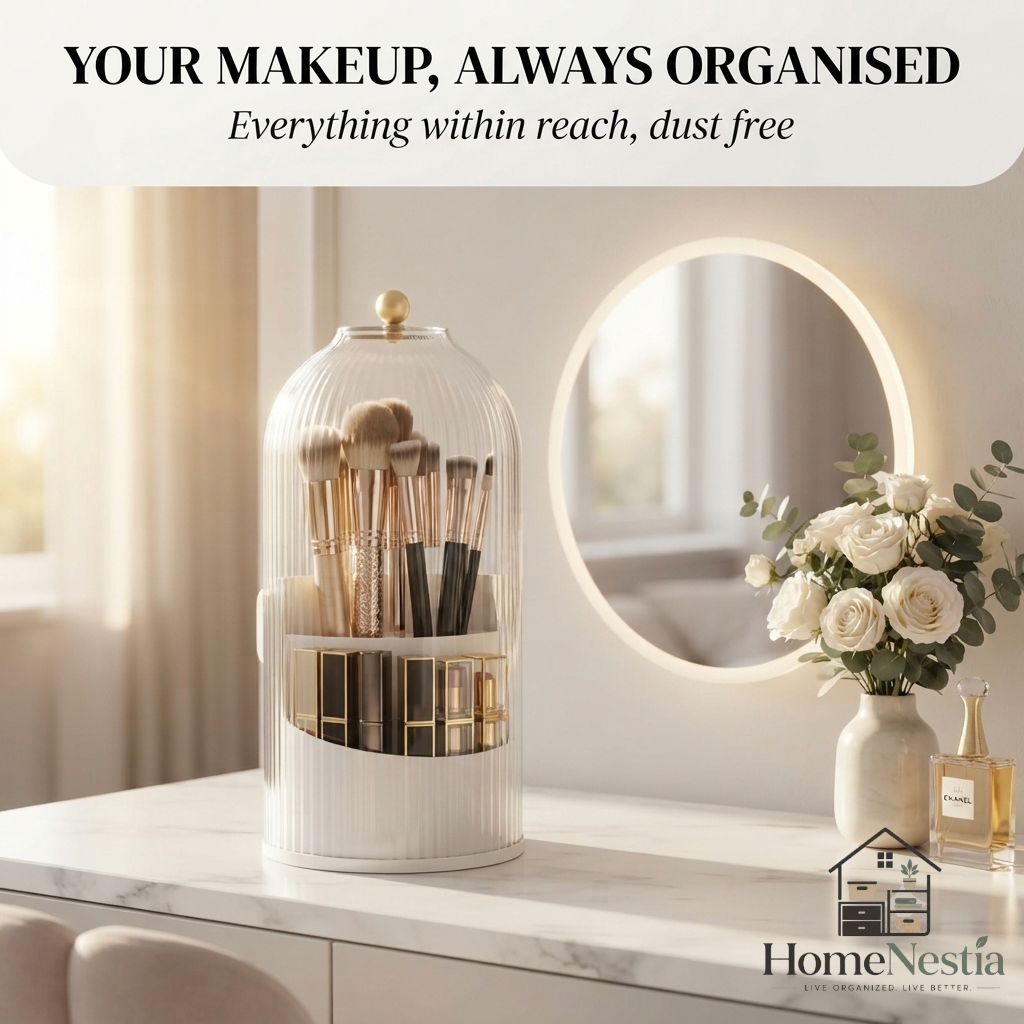 360° Rotating Makeup Brush Organizer with Sliding Door Dust Cover – Clear Ribbed Acrylic