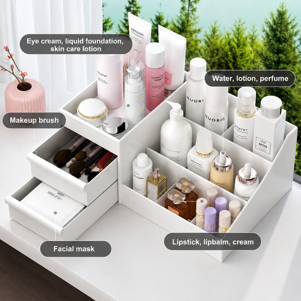 Multi-Compartment Cosmetic & Skincare Organizer – Makeup, Beauty & Vanity Storage Box