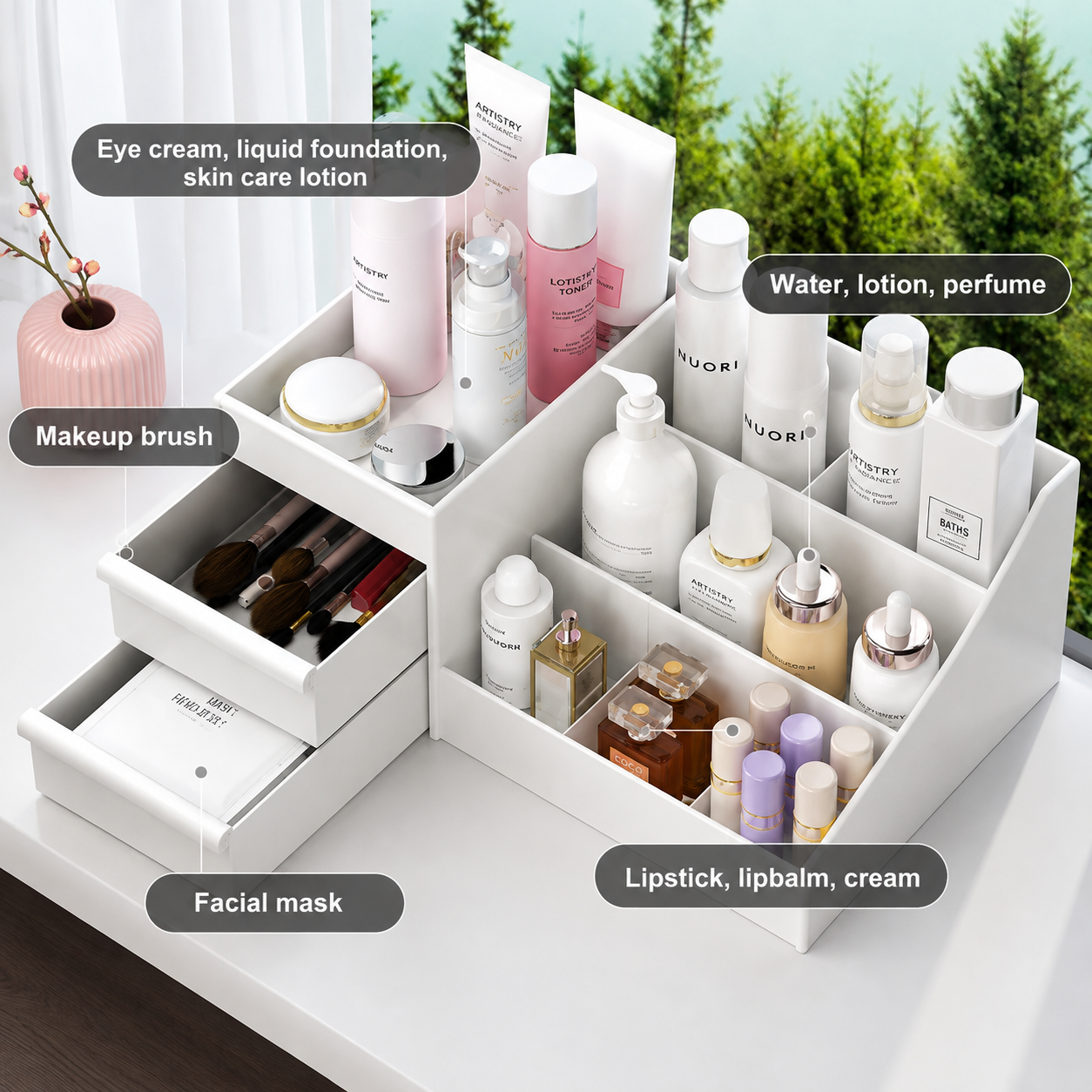Multi-Compartment Cosmetic & Skincare Organizer – Makeup, Beauty & Vanity Storage Box