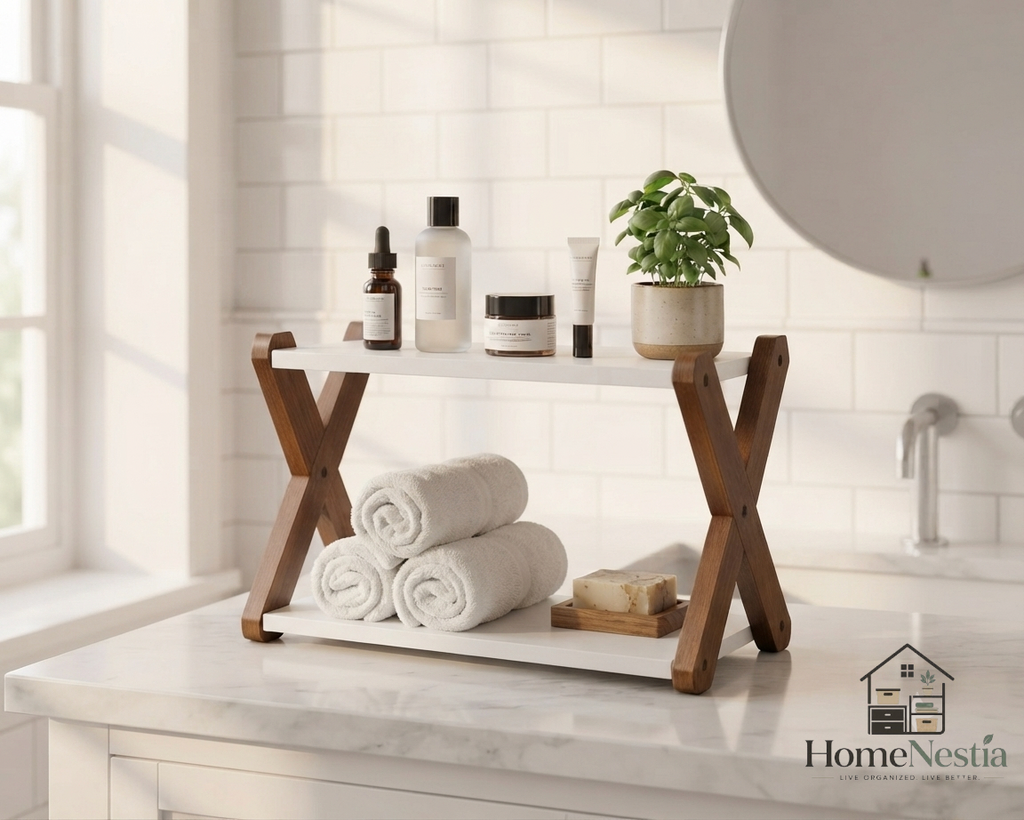 2-Tier Wooden Folding Storage Rack – Multipurpose Kitchen, Bathroom & Home Organizer