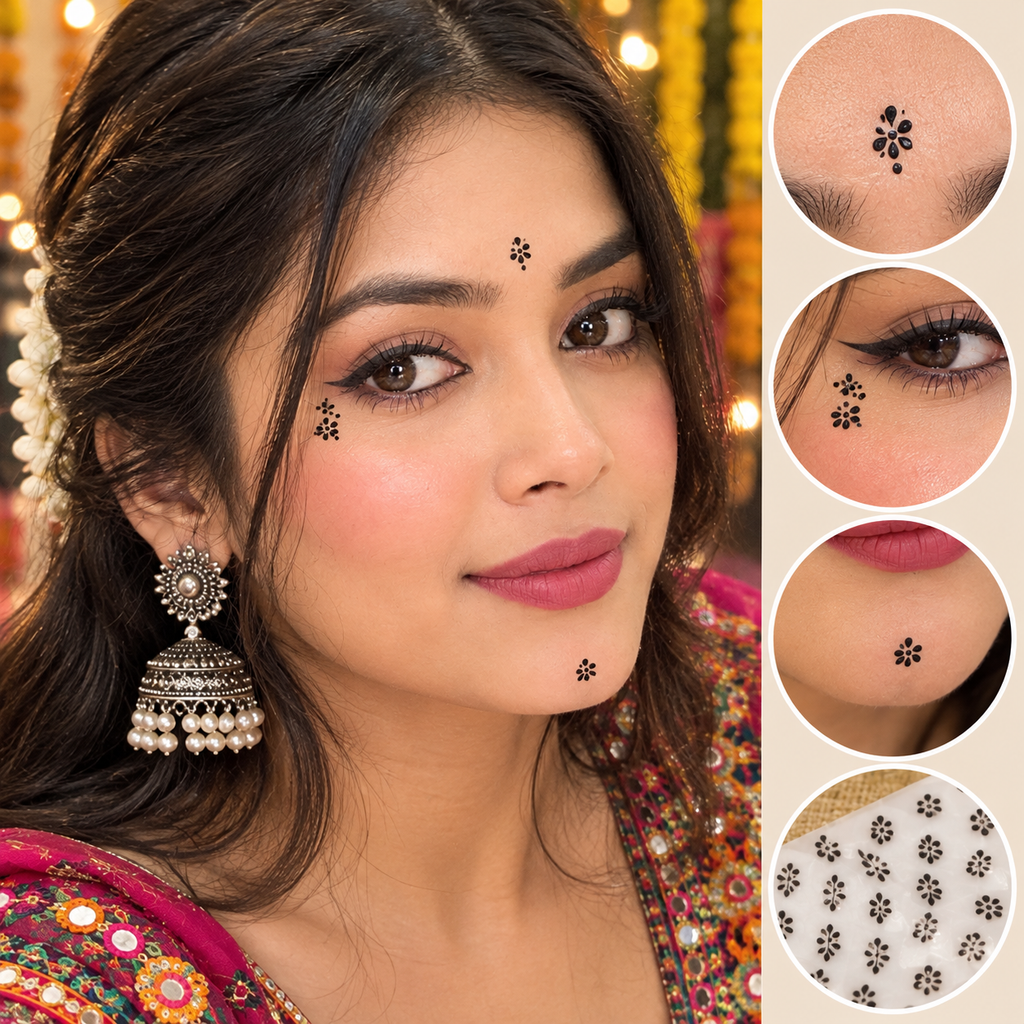 Black Floral Face Bindi Stickers – 20 Sheets | Garba, Navratri & Festive Looks