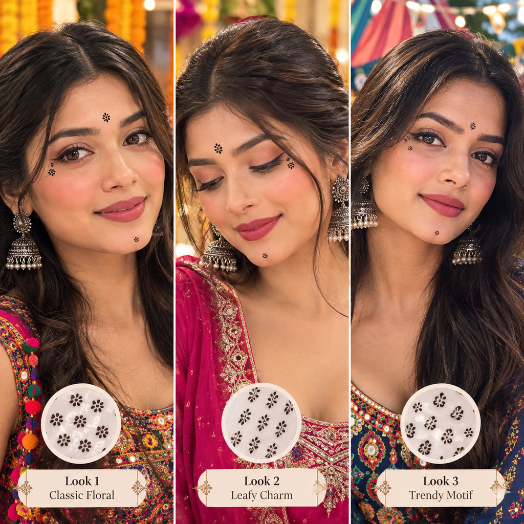 Black Floral Face Bindi Stickers – 20 Sheets | Garba, Navratri & Festive Looks