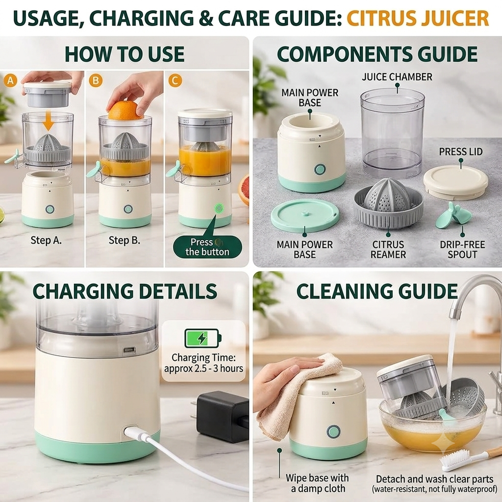 Portable Electric Citrus Juicer | USB Rechargeable Orange & Lemon Juicer