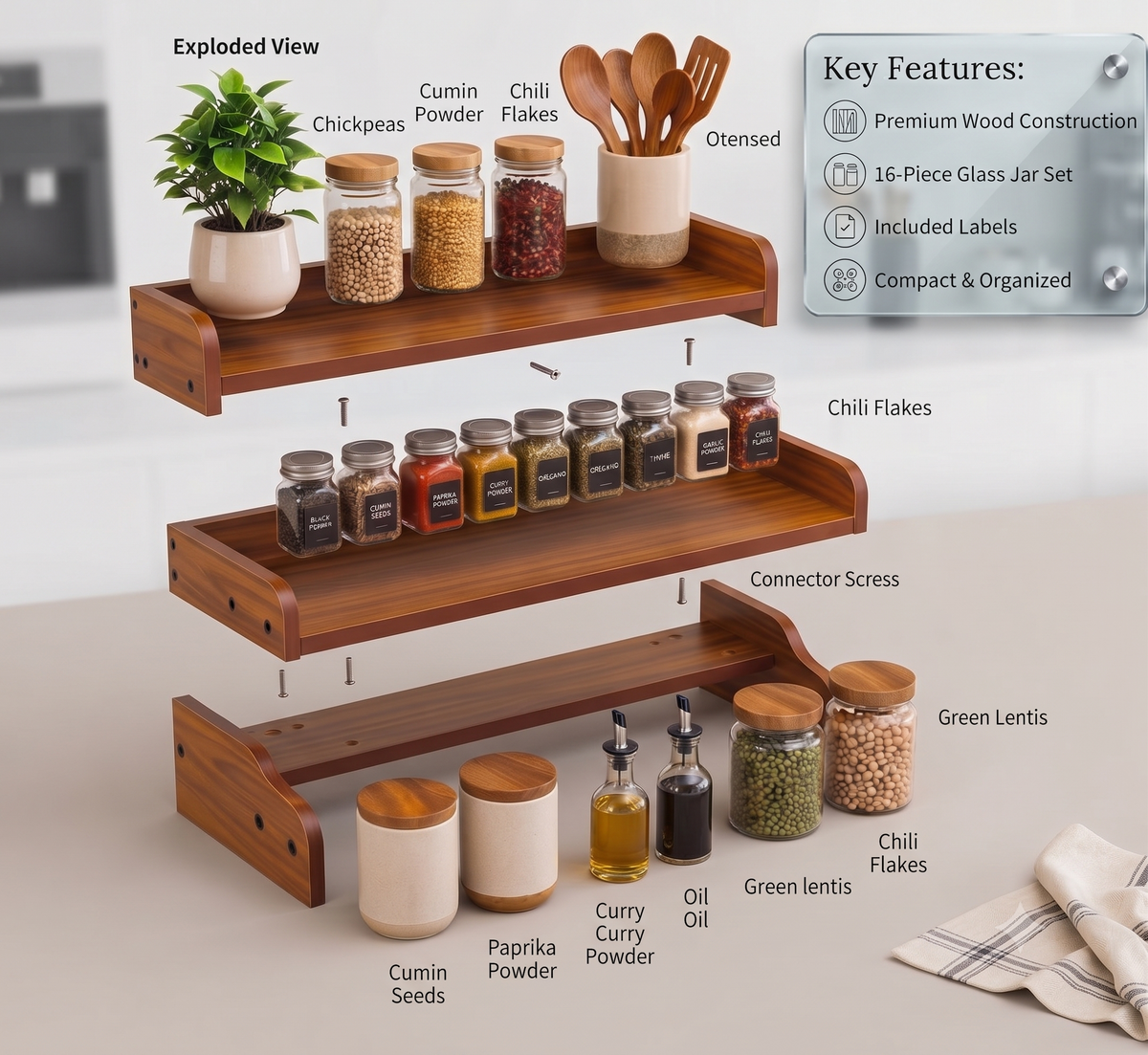 3-Tier Wooden Spice Rack & Kitchen Organizer Set