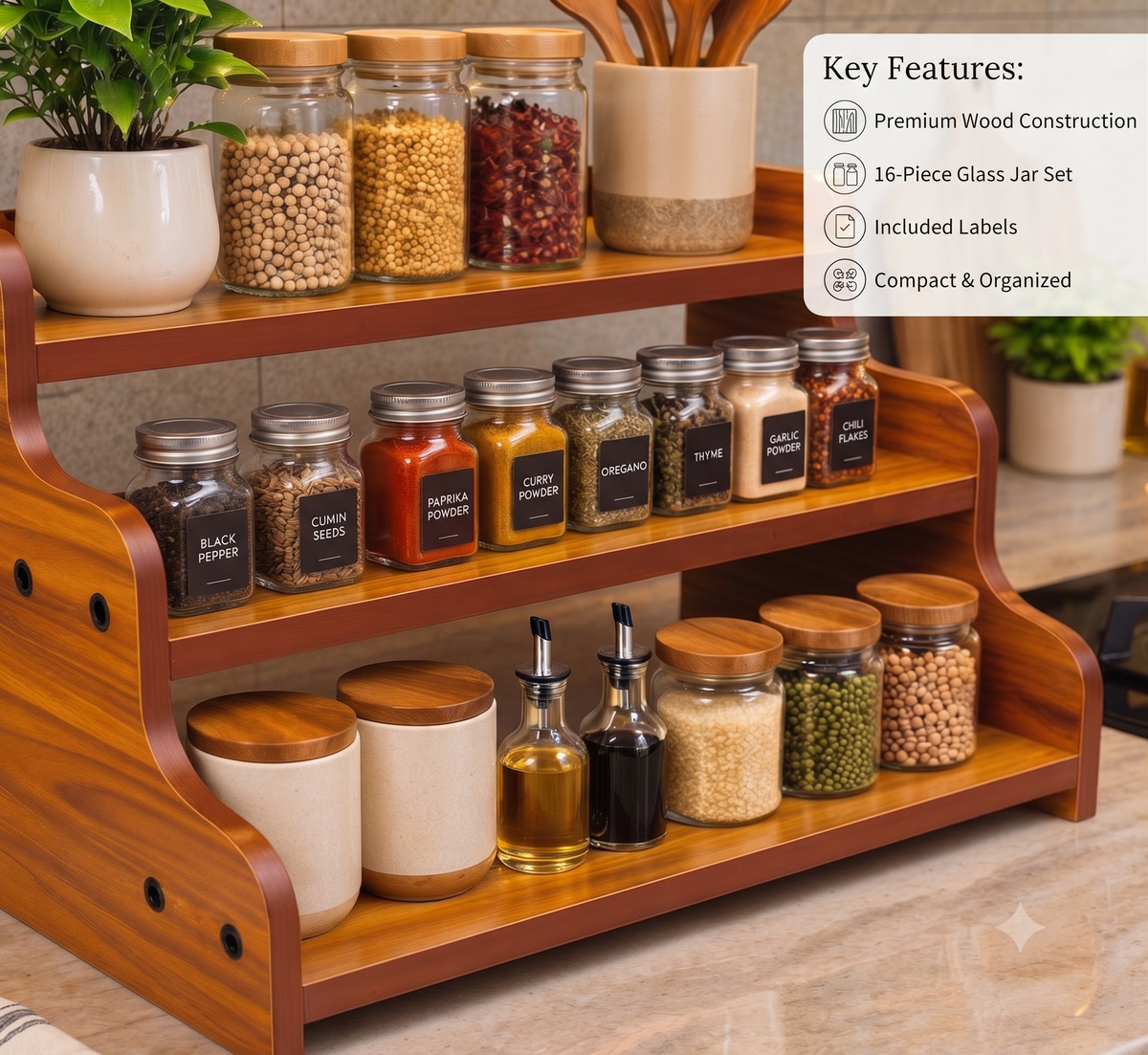 3-Tier Wooden Spice Rack & Kitchen Organizer Set