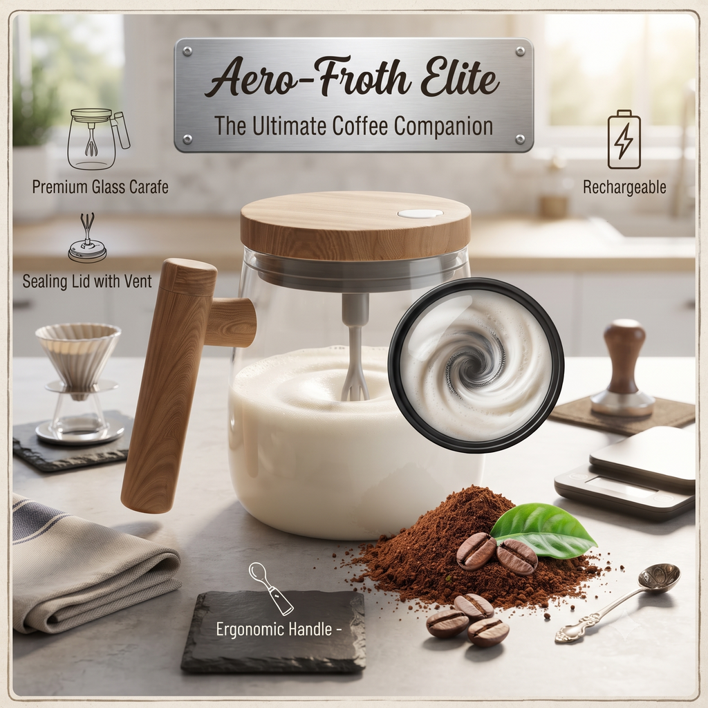 Glass Milk Frother & Coffee Whisk with Wooden Handle