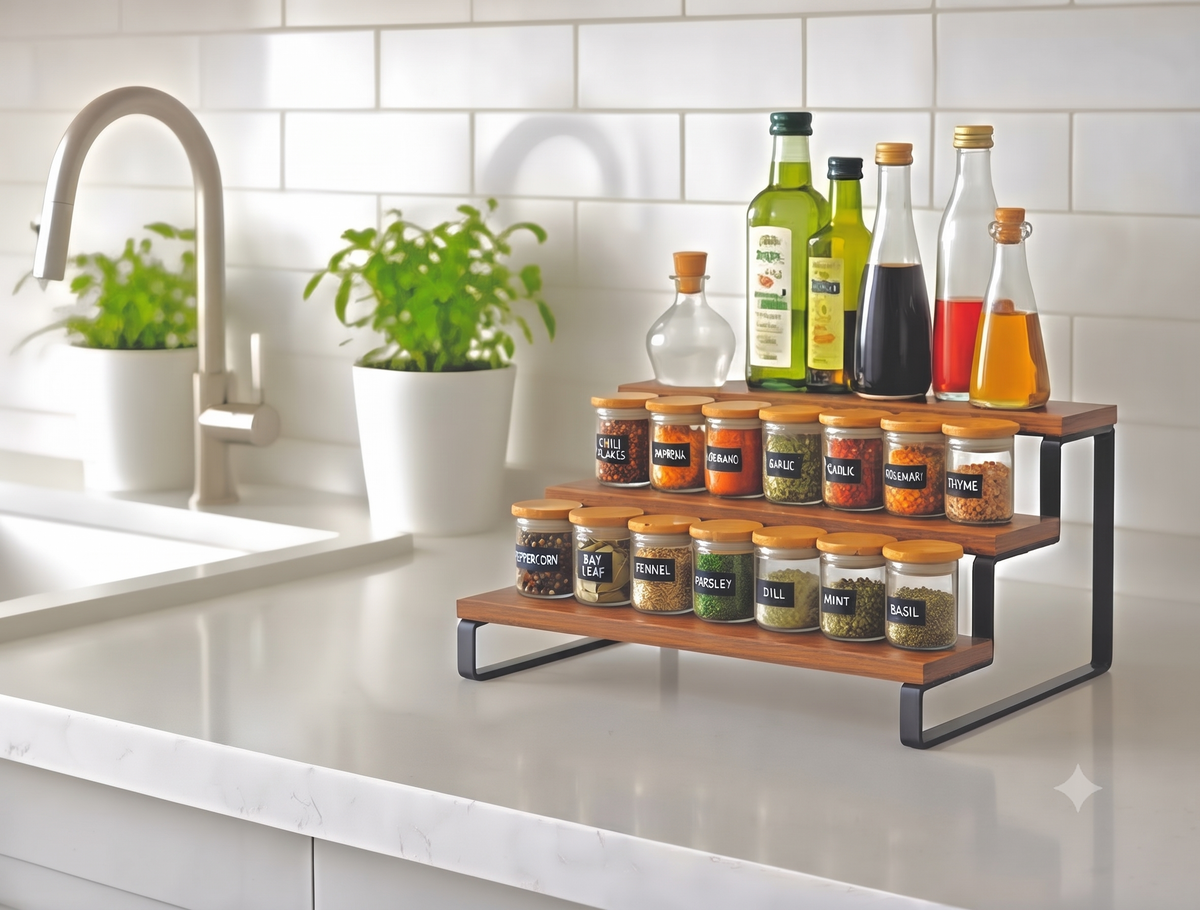 2-Tier Wooden Kitchen Spice Rack Organizer