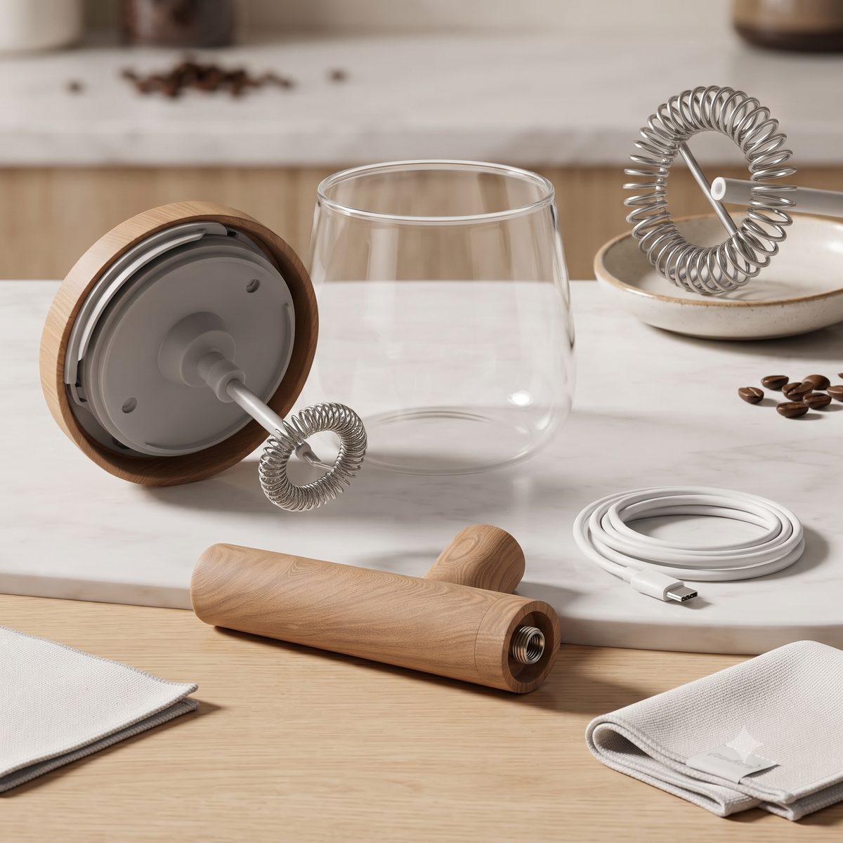 Glass Milk Frother & Coffee Whisk with Wooden Handle