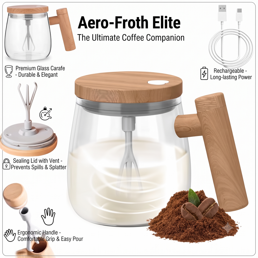 Glass Milk Frother & Coffee Whisk with Wooden Handle