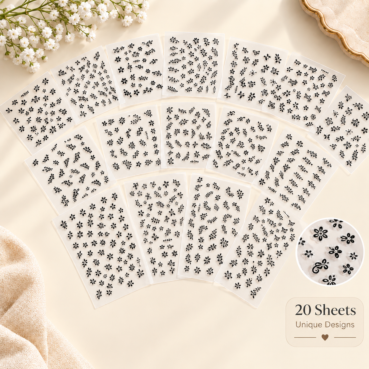 Black Floral Face Bindi Stickers – 20 Sheets | Garba, Navratri & Festive Looks