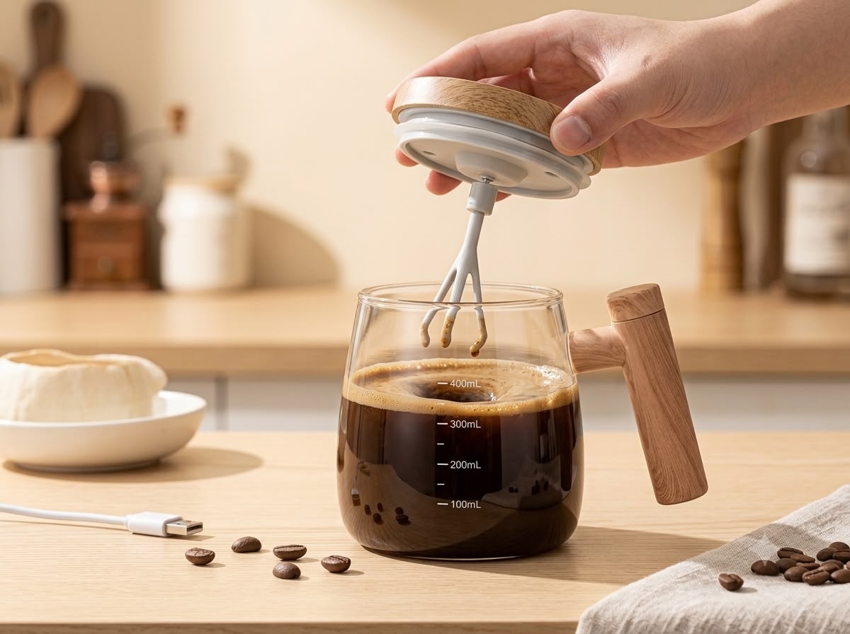 Mug stirring a dark beverage with the motorized lid lifted to show the stirrer